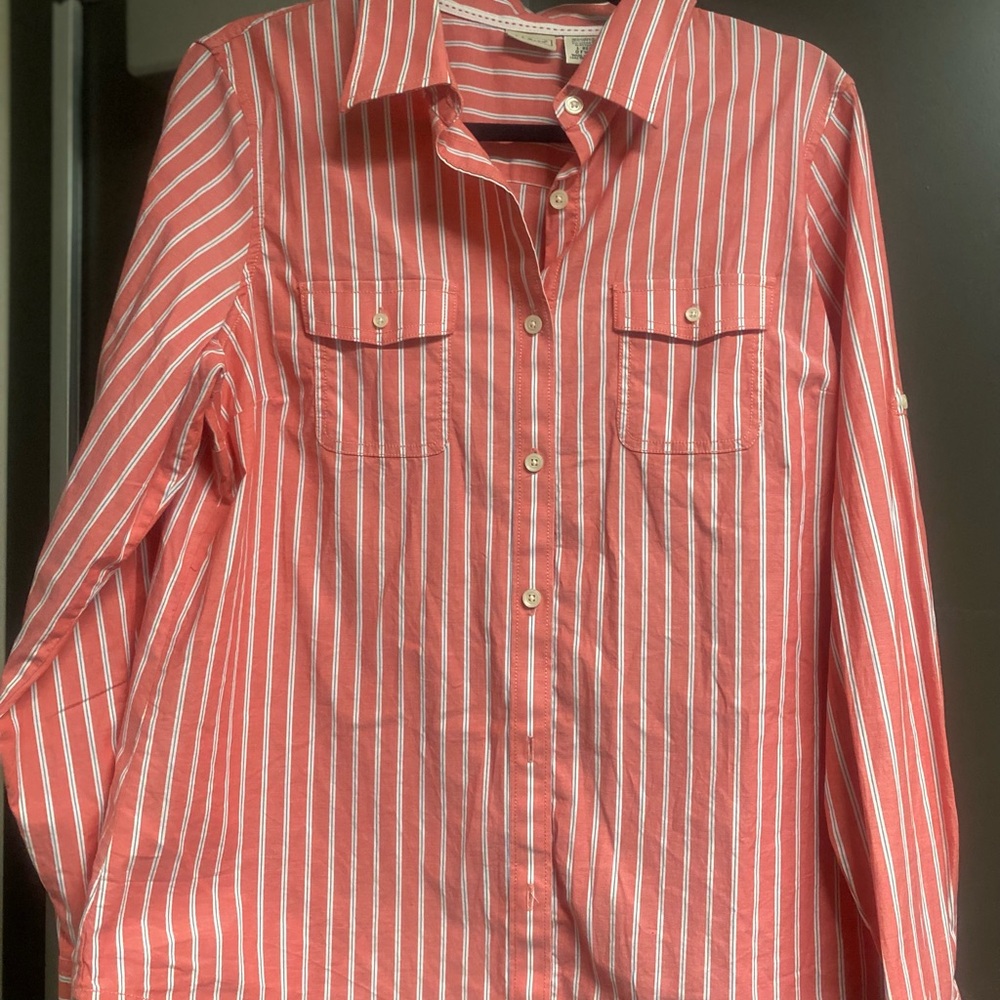 L.L. Bean Coral and White Striped Shirt